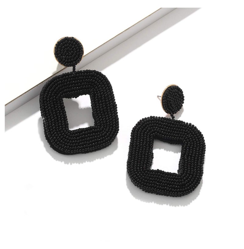 Boderier Beaded Hoop Earrings Bohemian Beaded Square Dangle Statement Earrings (Black) - Image 1